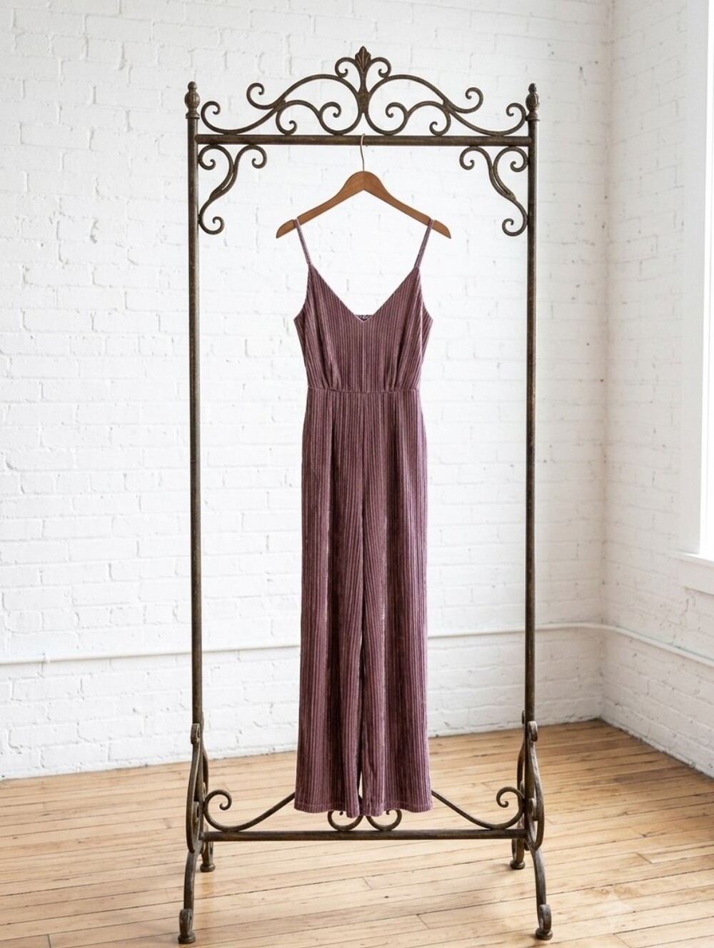 Lulu's Mauve Ribbed Velvet Spaghetti-Strap Jumpsuit